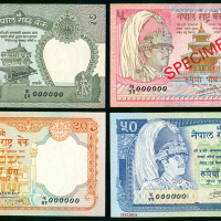 1981-87年尼泊尔贰，伍，贰拾，伍拾卢比样票一组四枚，Ganesh Bahadur Thapa签，其中伍拾卢比左上角有针孔，均AU-UNC