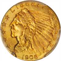 1908 Indian Quarter Eagle. MS-65+ (PCGS). Gold Shield Holder.