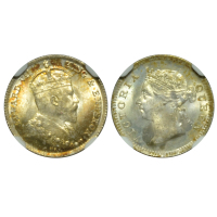 1904年香港五仙银币，KM 12，NGC MS64；1901年香港五仙银币，KM 5，NGC MS63。共2枚
