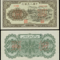1951年一版人民币5000元（牧羊群）正反面样钞一对，分别评PCGS63 Details 及58 Details ，少见