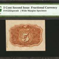 Fr. 1232spwmb. 5 Cent. Second Issue. PMG Choice Uncirculated 64. Wide Margin Back Specimen.