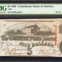T-60. Confederate Currency. 1863 $5. Hammer Cut Cancelled. PMG Uncirculated 62.