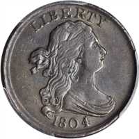 1804 Draped Bust Half Cent. C-13. Rarity-1. Plain 4, Stemless Wreath. AU-50 (PCGS).