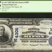 Ripon, Wisconsin. $10 1902 Date Back. Fr. 619. The German NB. Charter #4305. PCGS Very Fine 30.