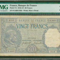 1918年法国银行20法郎，编号R.4684 936, PMG 25，少见品种