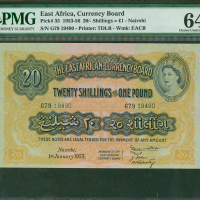 1955年东非20先令，编号G79 19490，PMG 64EPQ
