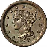1852 Braided Hair Cent. N-12, 13. Rarity-1. MS-60 BN.