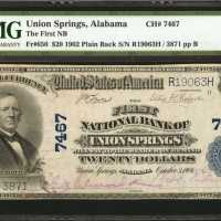 Union Springs, Alabama. $20 1902 Plain Back. Fr. 650. The First NB. Charter #7467. PMG Extremely Fin
