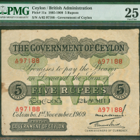 1909年锡兰政府5卢比，编号A/62 97188, PMG25NET, 早期钞中的好品相