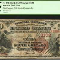 South Chicago, Illinois. $20 1882 Brown Back. Fr. 494. The Calumet NB. Charter #3102. PCGS Fine 15.