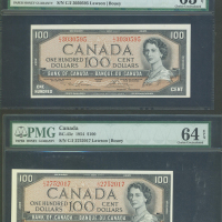 1954年加拿大银行100元一对，编号C/J 3030595 及 C/J 2752017,分别评 PMG64EPQ及PMG63EPQ