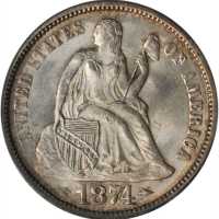 1874 Liberty Seated Dime. Arrows. MS-65 (PCGS). CAC.
