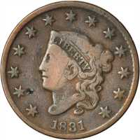 1831 Matron Head Cent. N-14. Rarity-4. Large Letters. VG-8 Surface Damage.