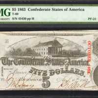 T-60. Confederate Currency. 1863 $5. Hammer Stamp Cancelled. PMG Uncirculated 62 EPQ.