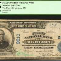 Mertzon, Texas. $10 1902 Plain Back. Fr. 627. The First NB. Charter #9810. PCGS Very Fine 20.