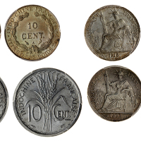 法属安南10分硬币4枚一组，1900A, 1902A, 1913A及1945年，分别评PCGS AU58, AU Details有清洗, MS64及MS65