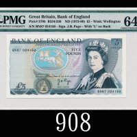 1973-80年英伦银行5镑，背威灵顿公爵1973-80 Bank of England 5 Pounds, ND, s/n BN87 024150, L on back. PMG 64 Choice