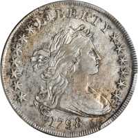 1798 Draped Bust Silver Dollar. Heraldic Eagle. BB-113, B-27. Rarity-2. Pointed 9, Close Date. AU-50