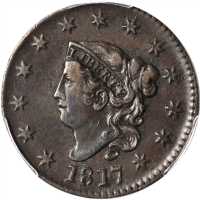 1817 Matron Head Cent. N-3. Rarity-2. 13 Stars. EF-40 (PCGS).