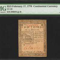 CC-22. Continental Currency. February 17, 1776. $2/3. PMG About Uncirculated 50.