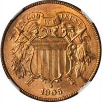 1865 Two-Cent Piece. Plain 5. Unc Details--Altered Color (NGC).