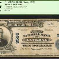 La Verne, California. $10 1902 Plain Back. Fr. 632. The First NB. Charter #9599. PCGS Very Fine 20.