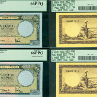 1957年印度尼西亚银行1000盾连号一对，编号RG2775-76，均评, PCGS Currency 66PPQ,源出 Lim & Lim集藏