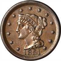 1851 Braided Hair Cent. N-23. Rarity-3. AU-55.