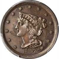 1857 Braided Hair Half Cent. C-1, the only known dies. Rarity-2. MS-61 BN (PCGS).