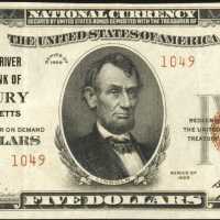 Amesbury, Massachusetts. $5 1929 Ty. 2. Fr. 1800-2. The Powow River NB. Charter #1049. Extremely Fin