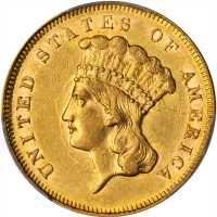 1863 Three-Dollar Gold Piece. AU-58 (PCGS).