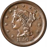 1856 Braided Hair Cent. N-13. Rarity-1. Slanting 5. AU-55.