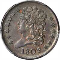 1809/6 Classic Head Half Cent. C-5. Rarity-1. 9/Inverted 9. AU Details--Altered Surfaces (PCGS).