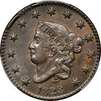 1823 Matron Head Cent. N-2. Rarity-2. AU-58 (PCGS). CAC.