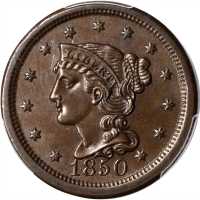 1850 Braided Hair Cent. N-19, 16. Rarity-2. MS-62 BN (PCGS).