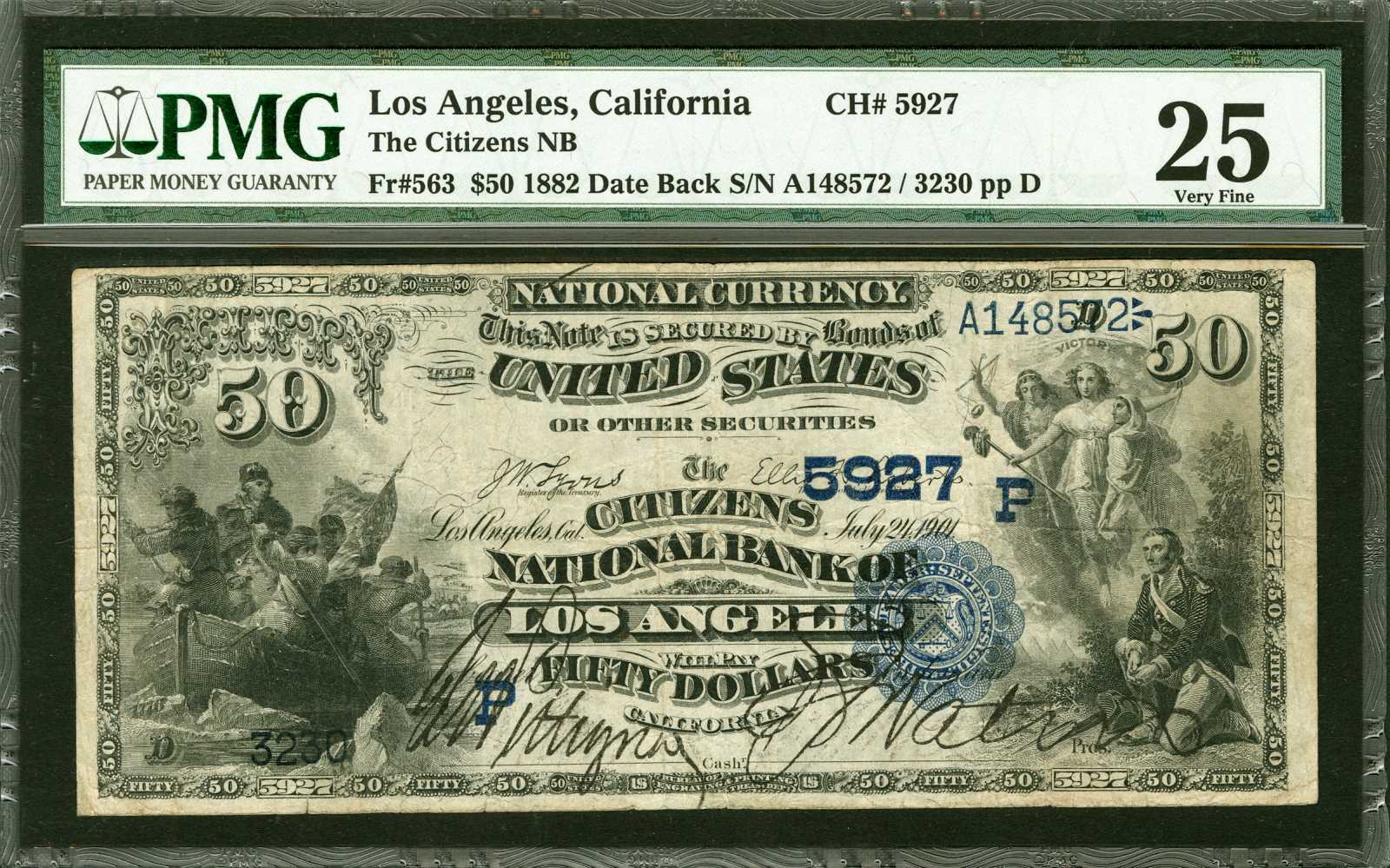 Los Angeles, California. $50 1882 Date Back. Fr. 563. The Citizens NB. Charter #5927. PMG Very Fine 