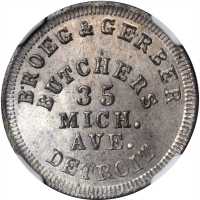 Michigan--Detroit. 1863 Broeg & Gerber. Fuld-225K-3i. Rarity-9. Tin-Plated. 19 mm. MS-64 (NGC).