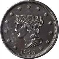 1843 Braided Hair Cent. N-4, 13. Rarity-1. Petite Head, Large Letters. MS-62 BN (PCGS).