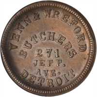 Michigan--Detroit. 1863 Venn & Wreford. Fuld-225CJ-4a. Rarity-5. Copper. 19 mm. MS-65 BN (NGC).