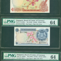 新加坡纸币3枚一组，面值1元2枚，编号B/22 308511及B/25 577963， 面值10元为错体钞，左右号码不符分别评PMG64，PMG64及PMG65EPQ