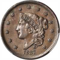 1837 Modified Matron Head Cent. N-9. Rarity-1. Head of 1838. AU-58 (PCGS).