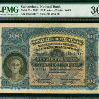 1945年瑞士国家银行100法郎，编号14S078117，PMG30