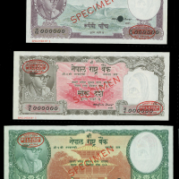 1961年尼泊尔伍，拾，壹佰卢比样票一组三枚，Lekshmi Nath Gautam签，背有贴痕，均AU-UNC