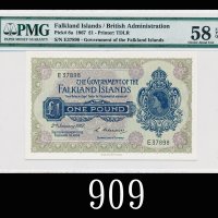1967年福克兰群岛1镑1967 The Government of Falkland Islands 1 Pound, s/n E37898. PMG EPQ58 Choice AU