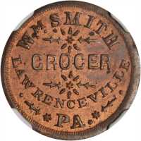 Pennsylvania--Lawrenceville. 1863 William Smith. Fuld-535A-2a. Rarity-4. Copper. 19 mm. MS-64 RB (NG