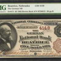 Beatrice, Nebraska. $5 1882 Brown Back. Fr. 471. The German NB. Charter #4148. PMG Choice Uncirculat