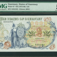 1975-80年根西银行10镑，编号A554184，PMG58