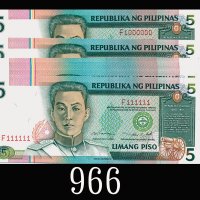 1995年菲律宾5披索，111111、222222 - 1000000号，一组10枚。全新1995 Philippines 5 Piso, ND, s/ns F111111, 222222 - 100