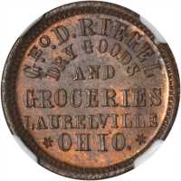 Ohio--Laurelville. 1863 George D. Riegel. Fuld-445A-1a. Rarity-4. Copper. 19 mm. MS-65 BN (NGC).