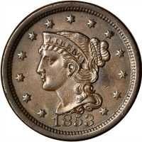 1853 Braided Hair Cent. N-12. Rarity-1. MS-60 BN.